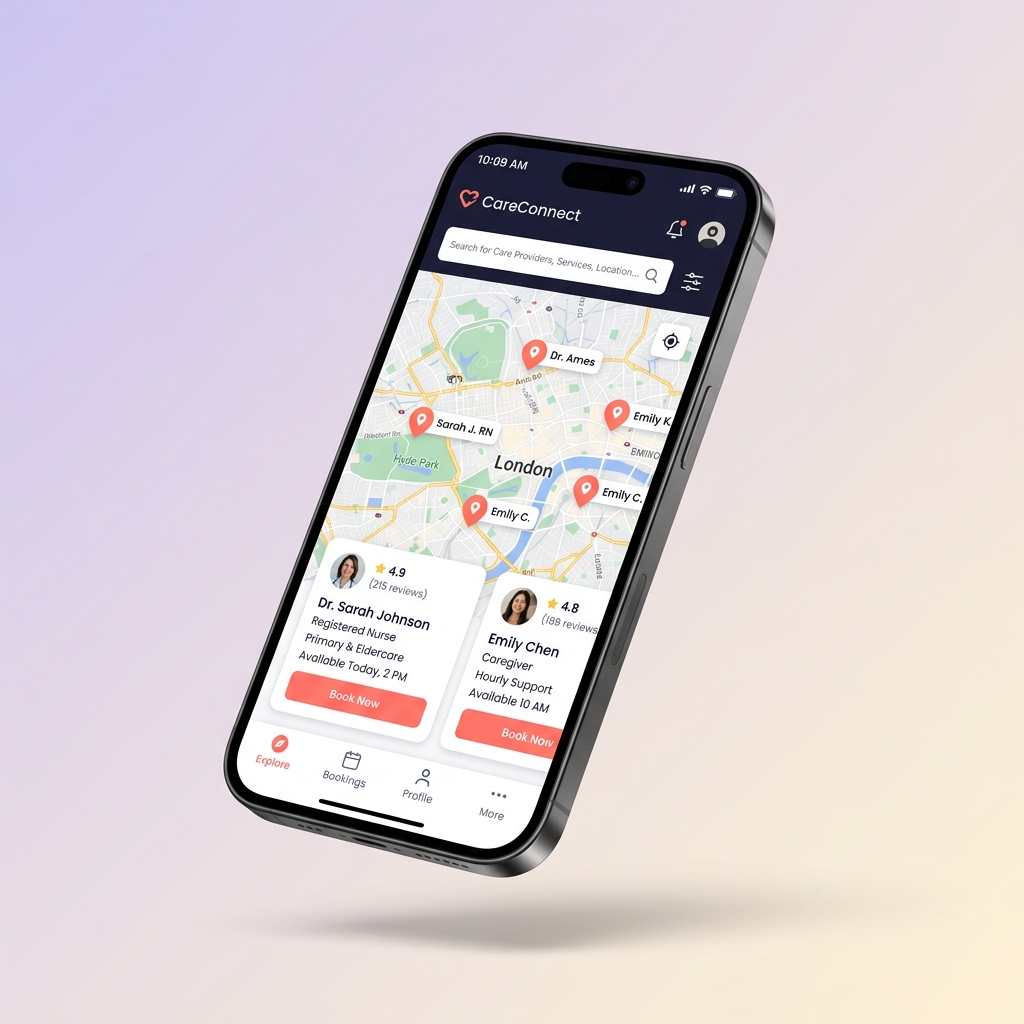 KinCare app interface showing map with nearby providers and booking cards